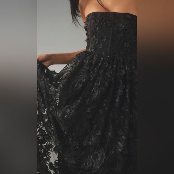 Anthropologie Payal Jain Strapless 3D Floral Beaded Lace Maxi Dress in Black - Picture 3 of 7